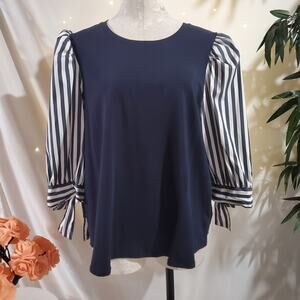 Chicos Womens 1/2 Puff Bow Tie Stripe Sleeve Top Size 2 L Nautical Blue White
